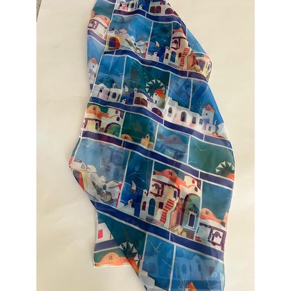 Watercolor Chiffon Scarf Santorini Greece Landscape 12”x50” JL - Picture 1 of 6